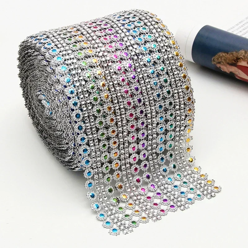 1 Yard 16row Crystal Diamond Mesh Arranged Rhinestone Ribbon for Bouquets Candle Holder Vases Wedding Party Home Decoration