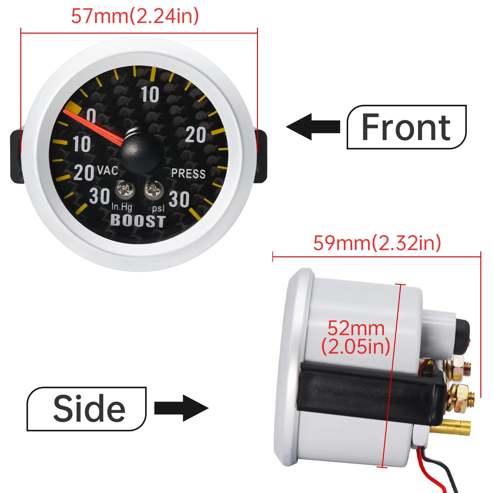 Calibro turbo boost personalizzato per auto da 2 "52 mm con sensore -30~30PSI Turbometro Luce LED bianca per auto da corsa a benzina 12V
