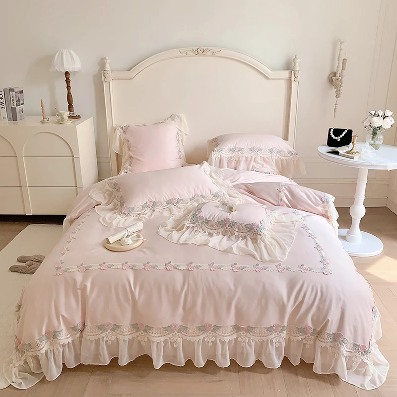 

Chiffon Lace Bedding Set Luxury Flowers Embroidery Home Textile Pink Egyptian Cotton Princess Duvet Cover Bed Sheet Pillowcases