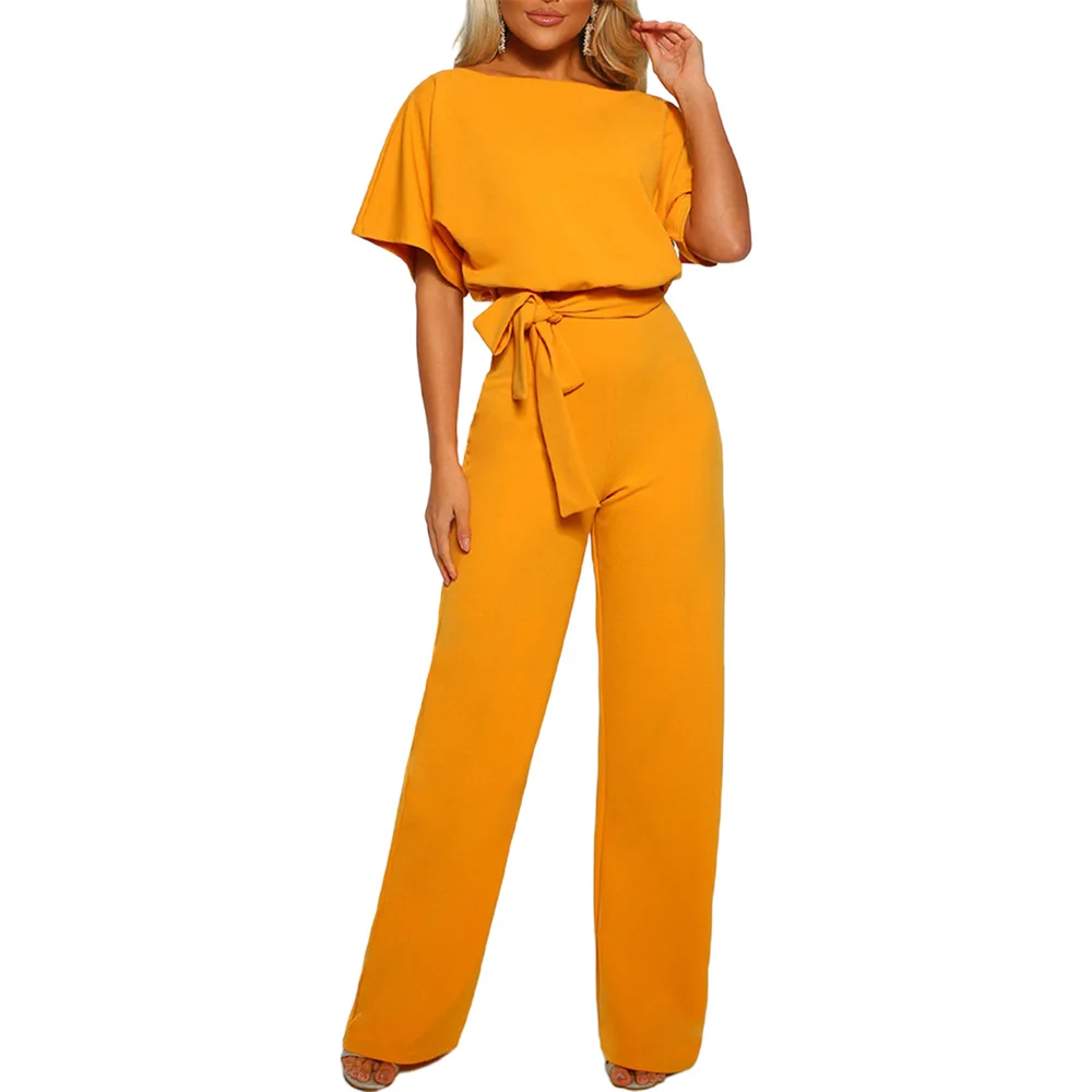 New Summer Candy Colour Jumpsuit for Women Casual Short Sleeve Hollowed Waist Tie Solid Elegant Jumpsuit for Party Club Rompers