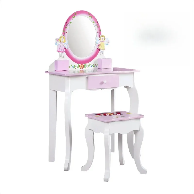 

Wooden Makeup Dressing Kids Vanity Set Table with Mirror and Stool for Role
