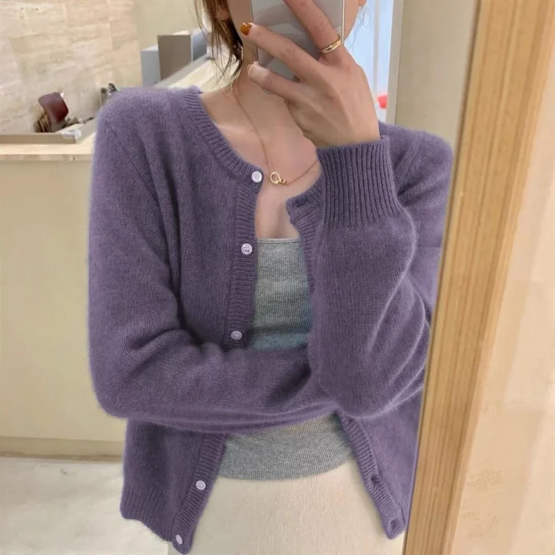 

Winter Autumn Long Sleeve Women Elegant Purple O-neck Cardigan Knitted Tops Fashion Casual Long Sleeve Sweater