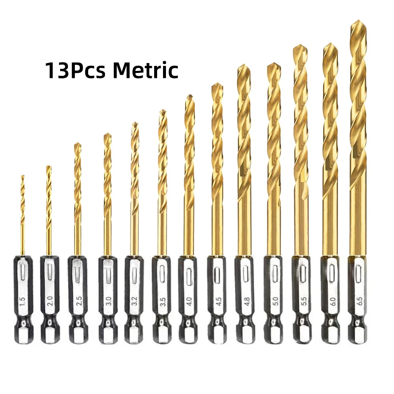 13Pcs Hex Shank Drill Bit Set HSS Titanium Metric SAE Impact Twist Drill Bit For Wood Steel Metal