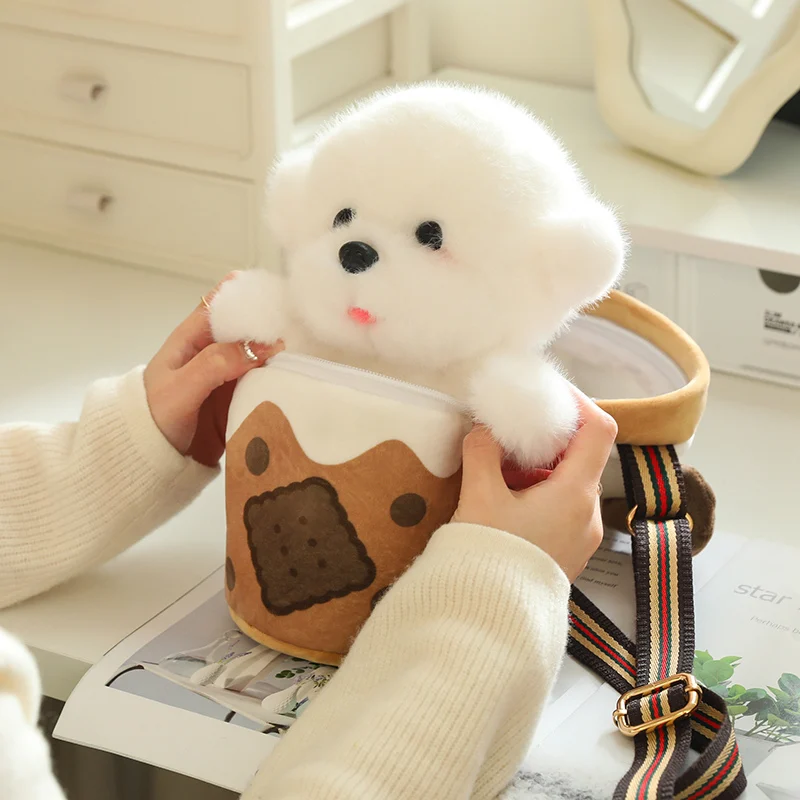 22cm Creative Teacup Dog Plush Bag Doll Kawaii Bubble Tea And Bichon Bear Combined Plush Bag For Boys And Girls Birthday Gifts