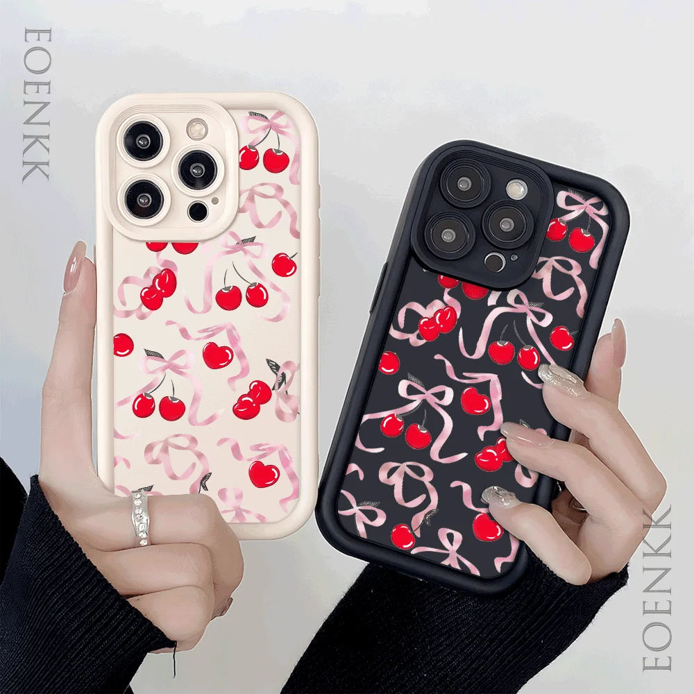 Cute Phone Cover Case For iPhone 15 Case iPhone 11 13 12 14 16 Pro Max XR XS 7 8 Plus SE Shockproof Bumper Cherry Bowknot Cover