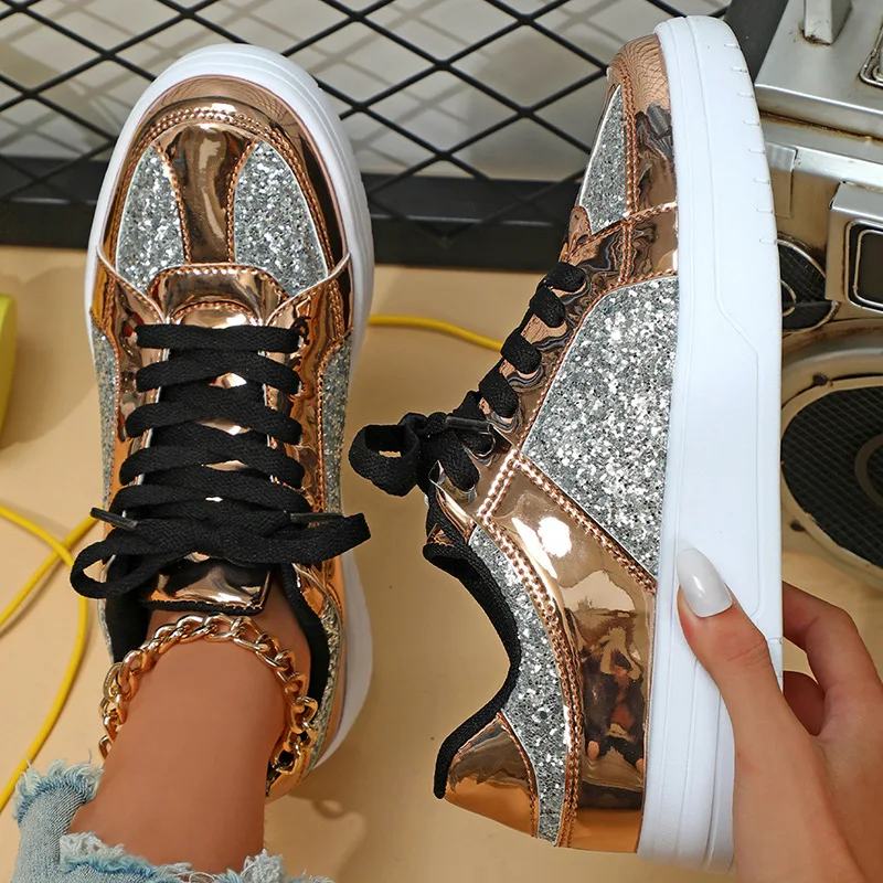 2025 new gold silver luminous glitter women platform casual sneakers outdoor trend lightweight skateboarding ladies footwear