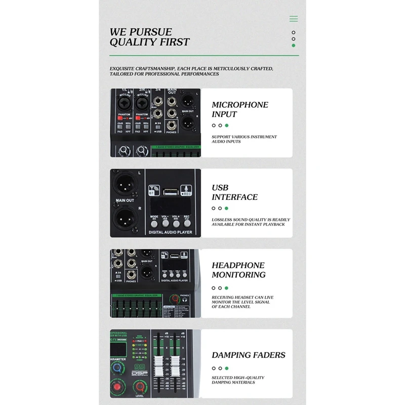 Professional Audio Mixer 6 Channel Built-In 99DSP 7-Segment Balanced Effect Bluetooth Support Recording Mixer