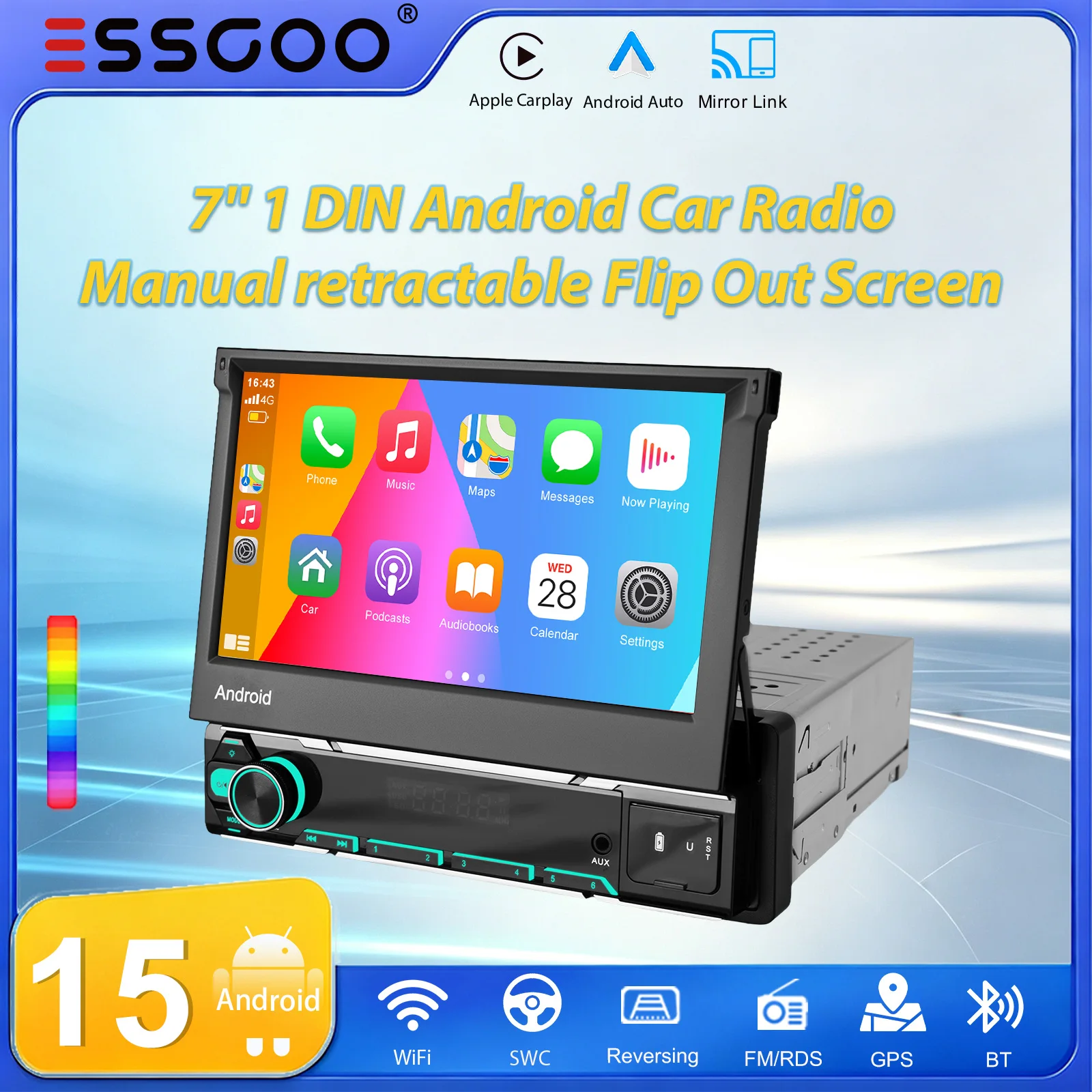 ESSGOO 1 DIN 7" Autoradio Android 15 4+64G Universale Manuale Retrattile Pieghevole Wireless Carplay Android Auto GPS NAVI RDS FM Bluetooth Mirror Link Controllo al Volante Schermo Touch Lettore