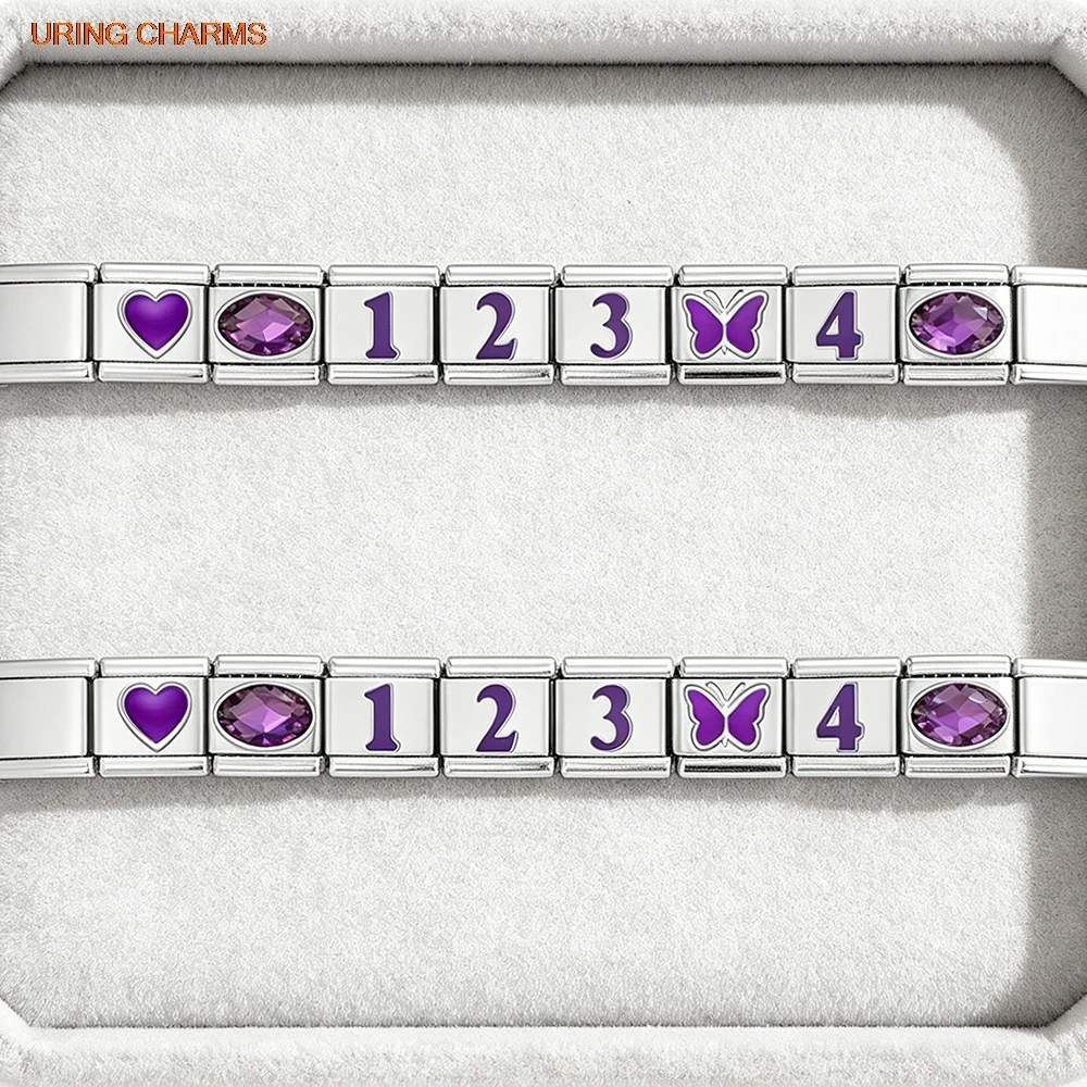 Classic Purple Number 0/1/2/3/4/5/6/7/8/9 Italian Charm Link Fit 9mm Stainless Steel DIY Making Bracelet Jewelry Wholesale