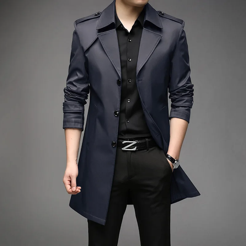 

Spring Autumn Winter New Fashion Men's Single-breasted Casual Trendy Turn-down Collar Long Sleeve Solid Color Loose Trench Male
