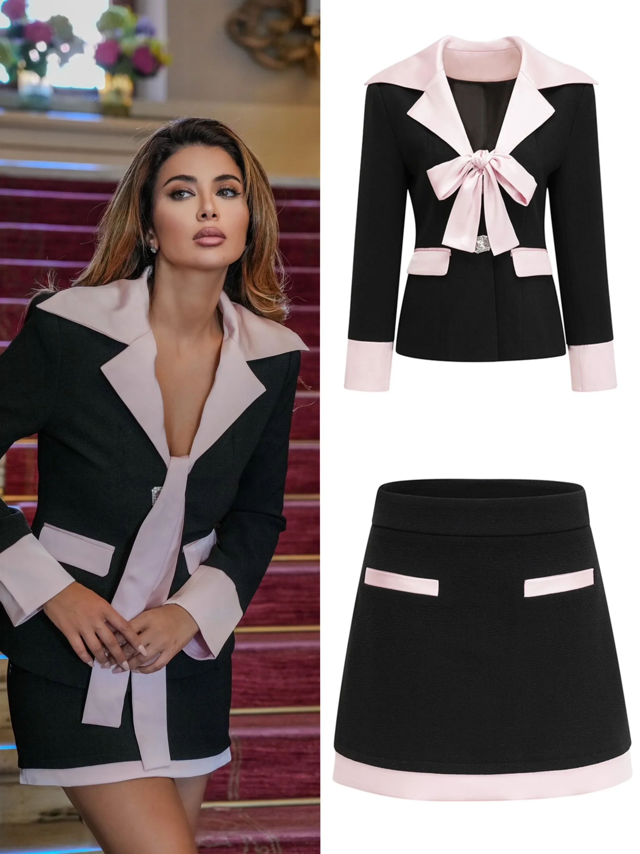 

Поп Элегантный розовый лоскутный женский костюм из 2 предметов с бантом на шнуровке и длинными рукавами с лацканами и мини-юбкой трапециевидной формы Шикарные женские поездки на работу S