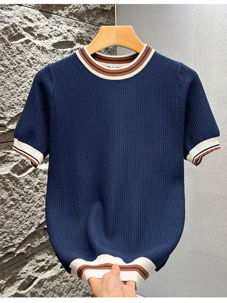 Pakaian Rajut Tipis dari Bahan Sutra Es untuk Pria Musim Semi Musim Panas Kasual Slim Fit Desain Kerah Lipat T-shirt Muda