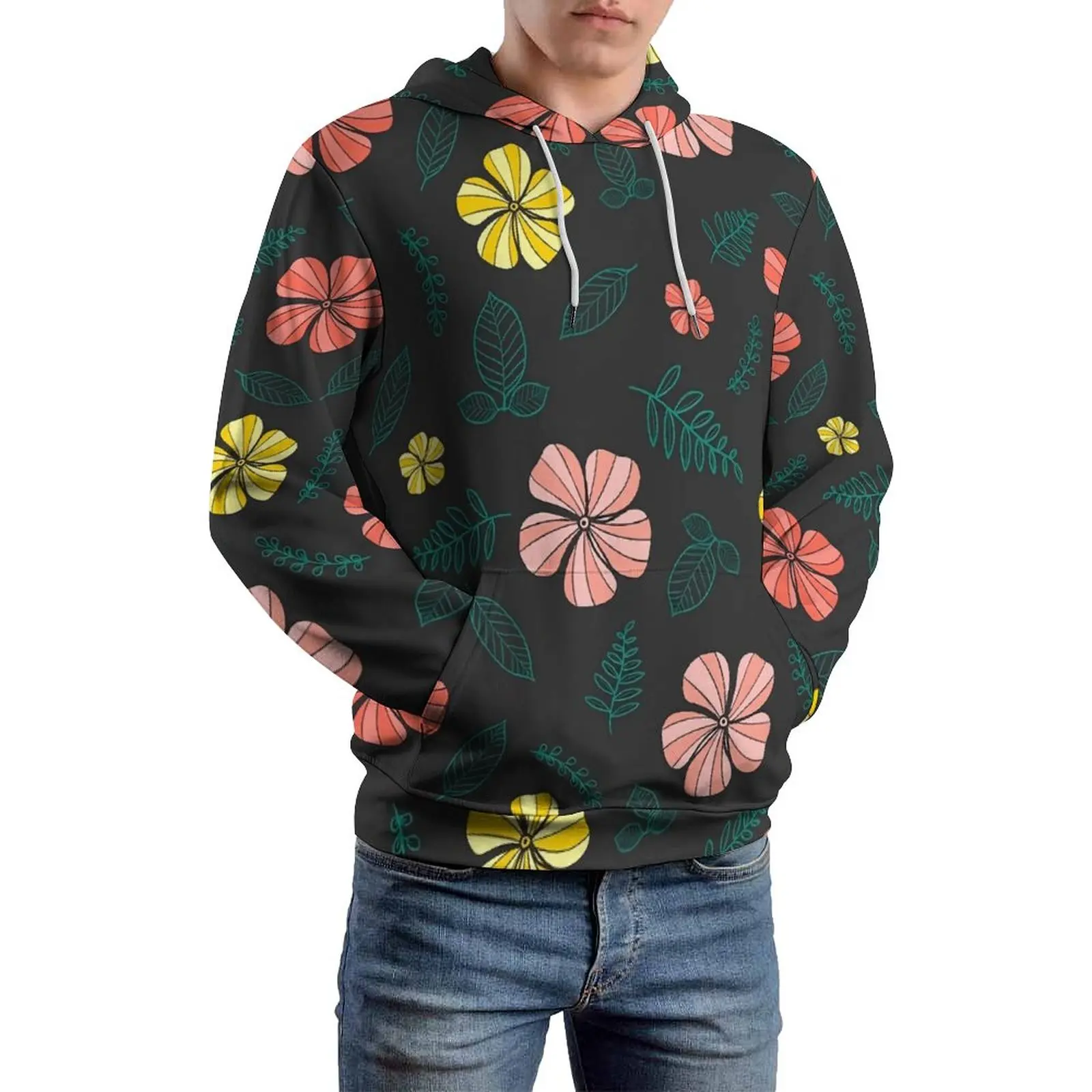 Tropical Floral Loose Hoodies Colorful Flowers Y2k Hoodie Man Long Sleeve Oversized Korean Fashion Design Sweatshirts