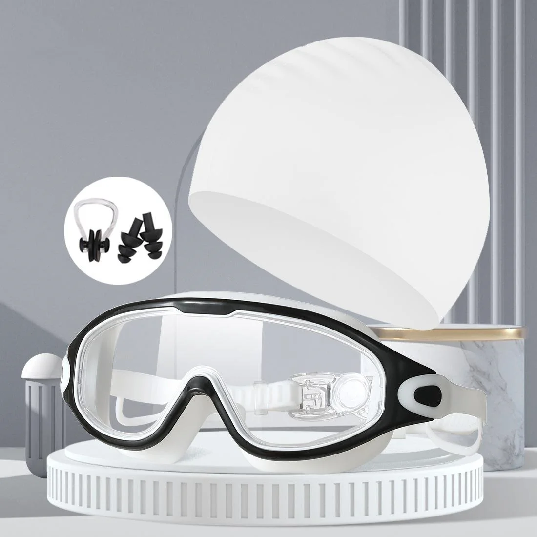 

Очки для плавания в большой оправе со шляпой, водонепроницаемые, с защитой от УФ-лучей, очки для плавания с широким зрением, набор кепок для взрослых, HD силиконовые аксессуары для плавания