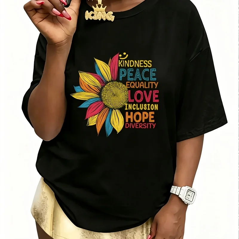 Colorful Sunflower Peace Love Inclusion Equality Diversity Women's 100% Cotton T-Shirt Fun Print Short Sleeve Top Casual Round Neck Tee S-5Xl