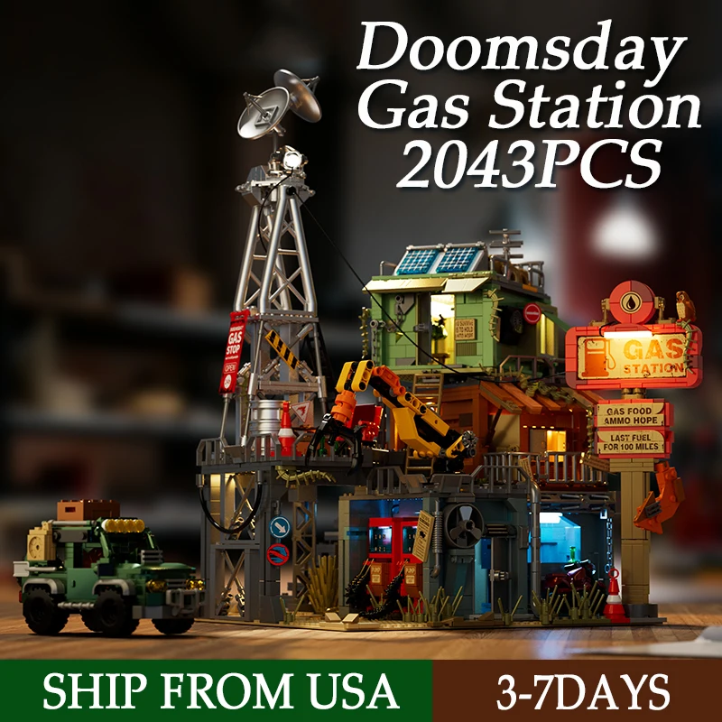 2043PCS Doomsday Gas Station Building Blocks MOC Street View Model Petrol Station Bricks Toys Oil Derrick Mechanical Arm Construction Kit For Christmas Halloween Birthday Gifts