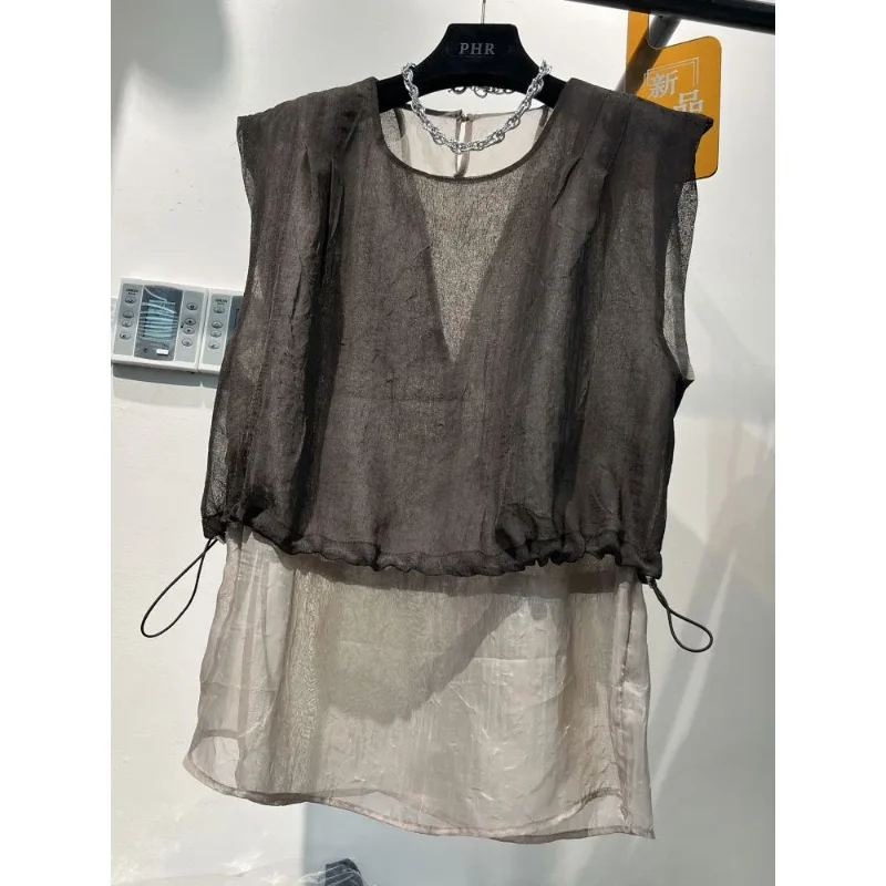 Women's Two Tone Layered Sheer Blouse Sleeveless Drawstring Hem Loose Fit Casual Top