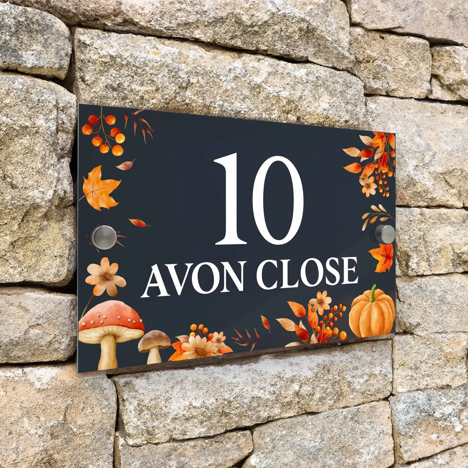 

Изготовленный на заказ знак с номером дома, современный антрацитовый знак с номером дома, осень, тыква, грибные листья - акриловые стойки