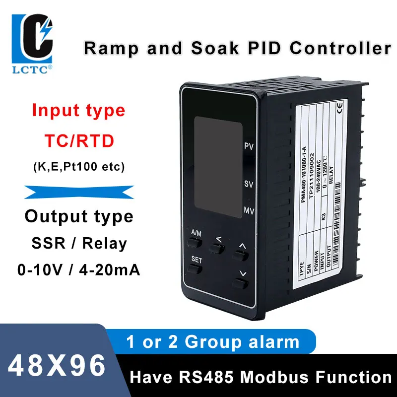 

LCTC PID Ramp Soak Temperature Controller Programmable 4-20mA SSR Relay 0-10V Output TC/RTD Input 50 Segments 48x96mm PMA400