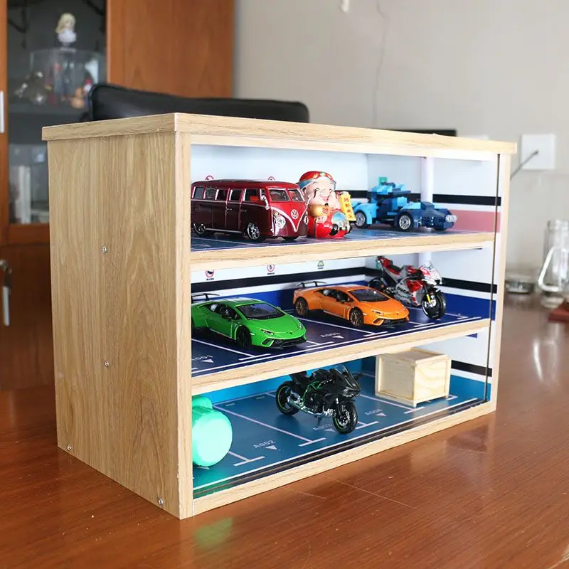 Car Model Storage Cabinet, Display Cabinet, Scene Model of Solid Wood, Parking Lot and Garage, Dust Proof Storage Box Lamp 1: