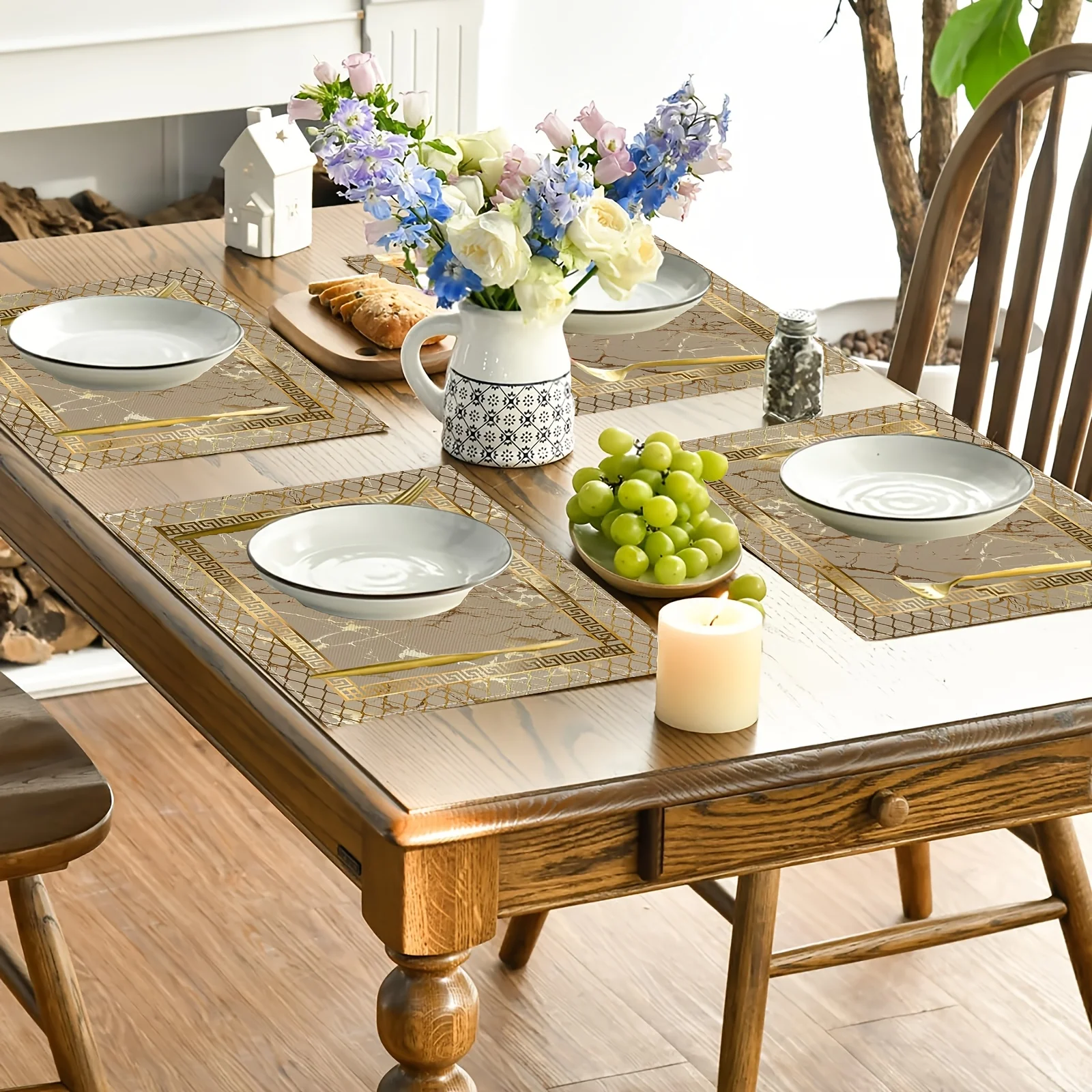 VIKAMA White Hydrangea Gold Border Square Placemat Non Slip Waterproof Heat Resistant Dining Table Mat for Holiday Party Decor