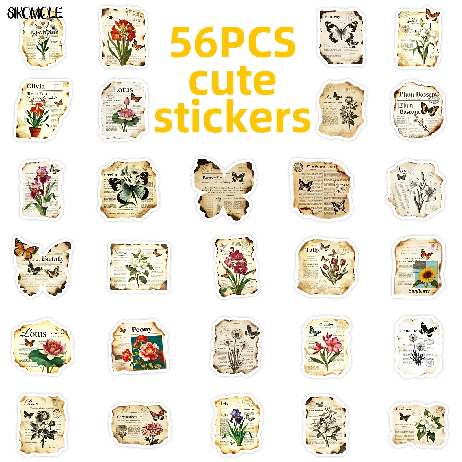 สติกเกอร์ลายวินเทจ 10/56 ชิ้น ลายดอกไม้ ลายหนังสือพิมพ์ ลายกราฟฟิตี สำหรับตกแต่งสมุดภาพ แล็ปท็อป เครื่องเขียน กระเป๋าเดินทาง ของเล่นเด็ก