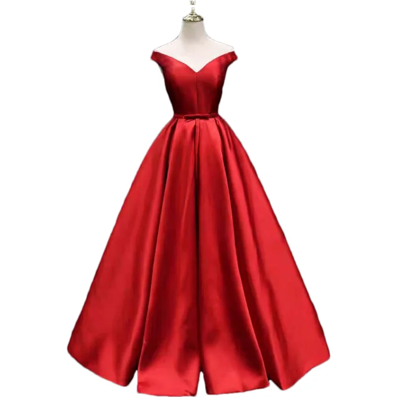 

Customized Off-Shoulder Long Evening Party Gowns Robe De Soiree A-Line Satin Abendkleider Formal Women Prom Dresses with Pockets