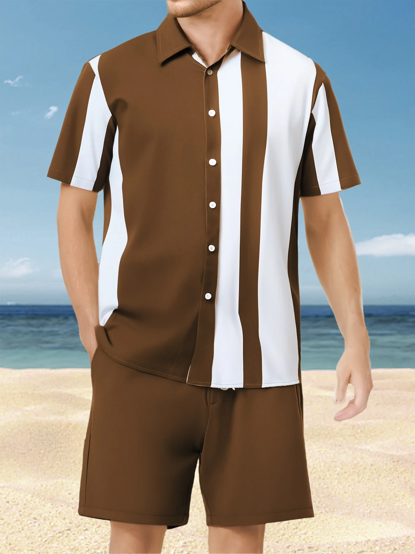 

Men's Brown & White Color Block Casual Set 2 Piece Cuban Collar Shirt & Drawstring Shorts Outfit