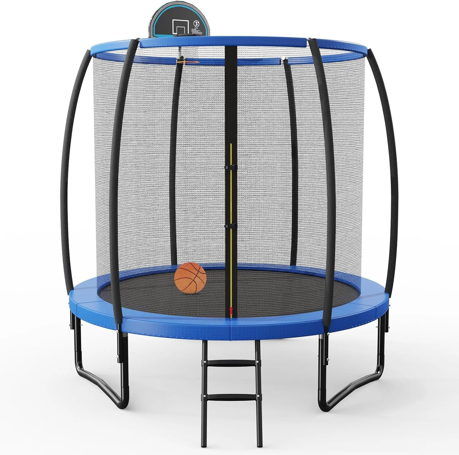 GYMAX Trampoline, 8FT 10FT 12FT Trampoline with Basketball Hoop, All Round Enclosure Net & Non-Slip Ladder, ASTM Approved Indoor