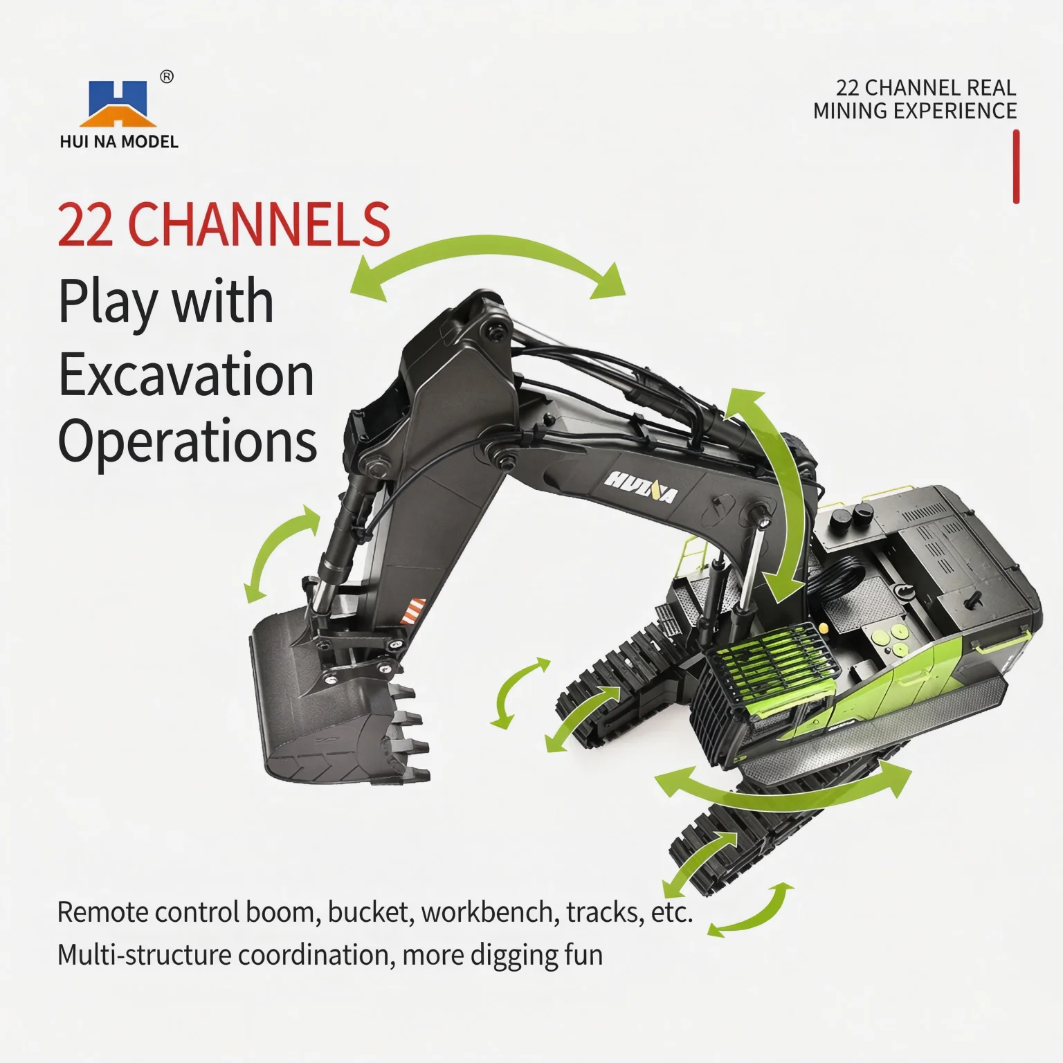 Huina 1593 Rc Excavator 1:14 22 Channel 2.4Ghz Alloy Screw Drive Double Track Rotatable Green Engineering Vehicle Gift for Adult