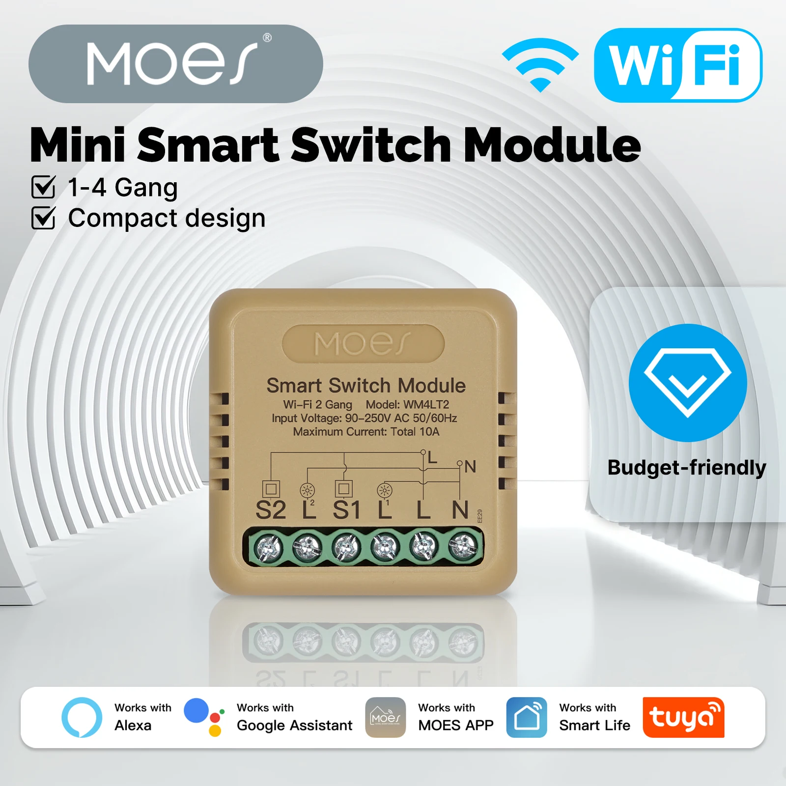 MOES WiFi BLE Mini Smart Switch Module 10A Two‑way Relay(ZM4LT2) Breaker Timer APP Voice Control Tuya Alexa Google