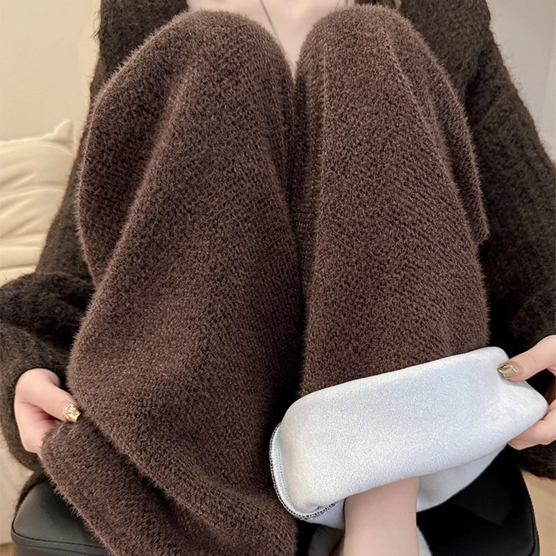 Drawstring High Waist Plush Pants For Women Winter Fleece Straight Wide Leg Casual Pants Woman Loose Thicken Warm Trousers Mujer