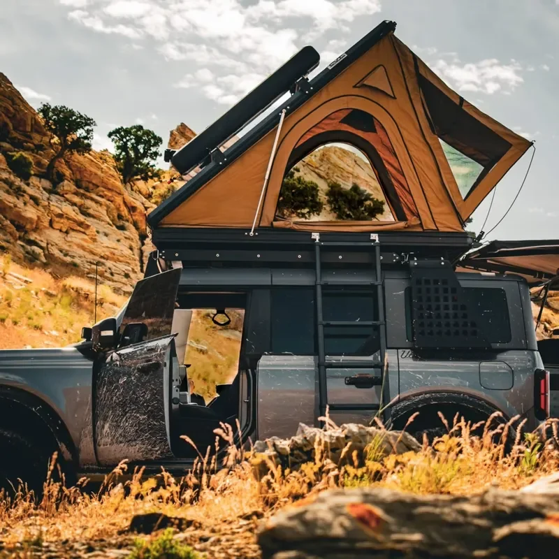 

Hard Shell Roof Top Tent RTT for 2-3 Persons with Aluminum Cover and Canvas Fabric for Camping on Pickup Truck Rooftop