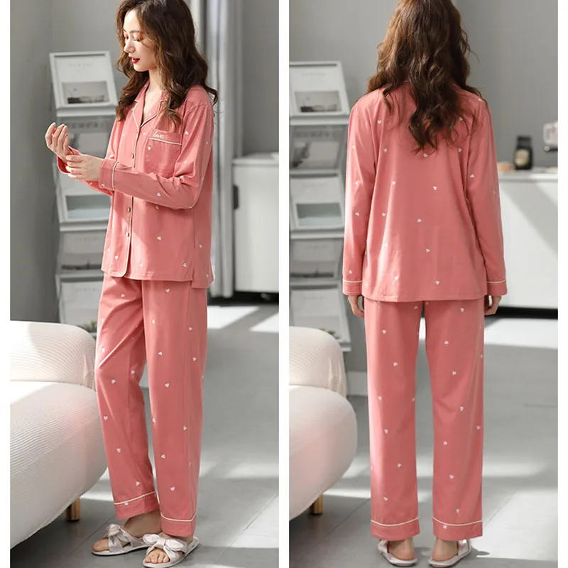 Cotton Pajamas Large Size Autumn Winter Long-Sleeved Home Wear Night Wear Woman Sexy Cardigan Love Pink Large Square Sleepwear