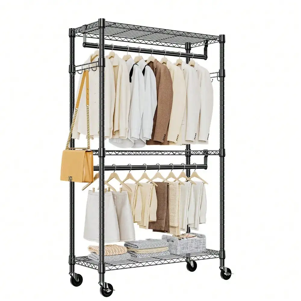 

75in,Storage Metal Heavy Duty, Rolling Wardrobe Garment-Rack Metal Wire Shelving Freestanding
