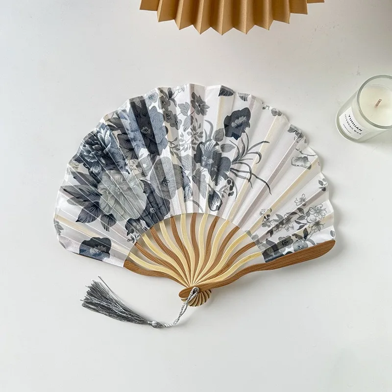 Traditional Chinese Ink Painting Folding Fan Portable Bamboo Cloth Hand Fan with Floral Pattern and Tassel for Qipao Accessory