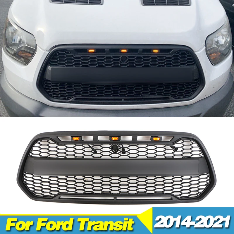 Matte Black Front Grille With Light Fits  For Ford Transit Custom 2014-2021 Racing Grill