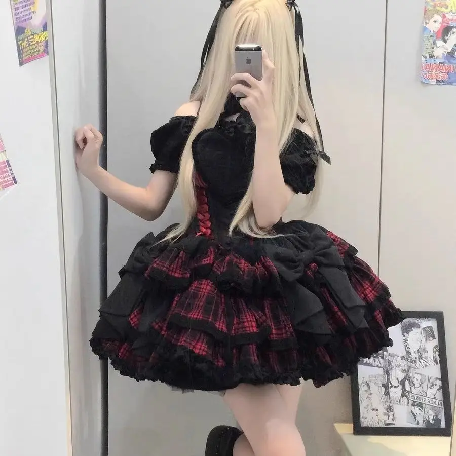 Nana Anime Y2K Style Dress Girl Sweet Kawaii Black and Red Plaid Princess Dress Cute Girly Heart