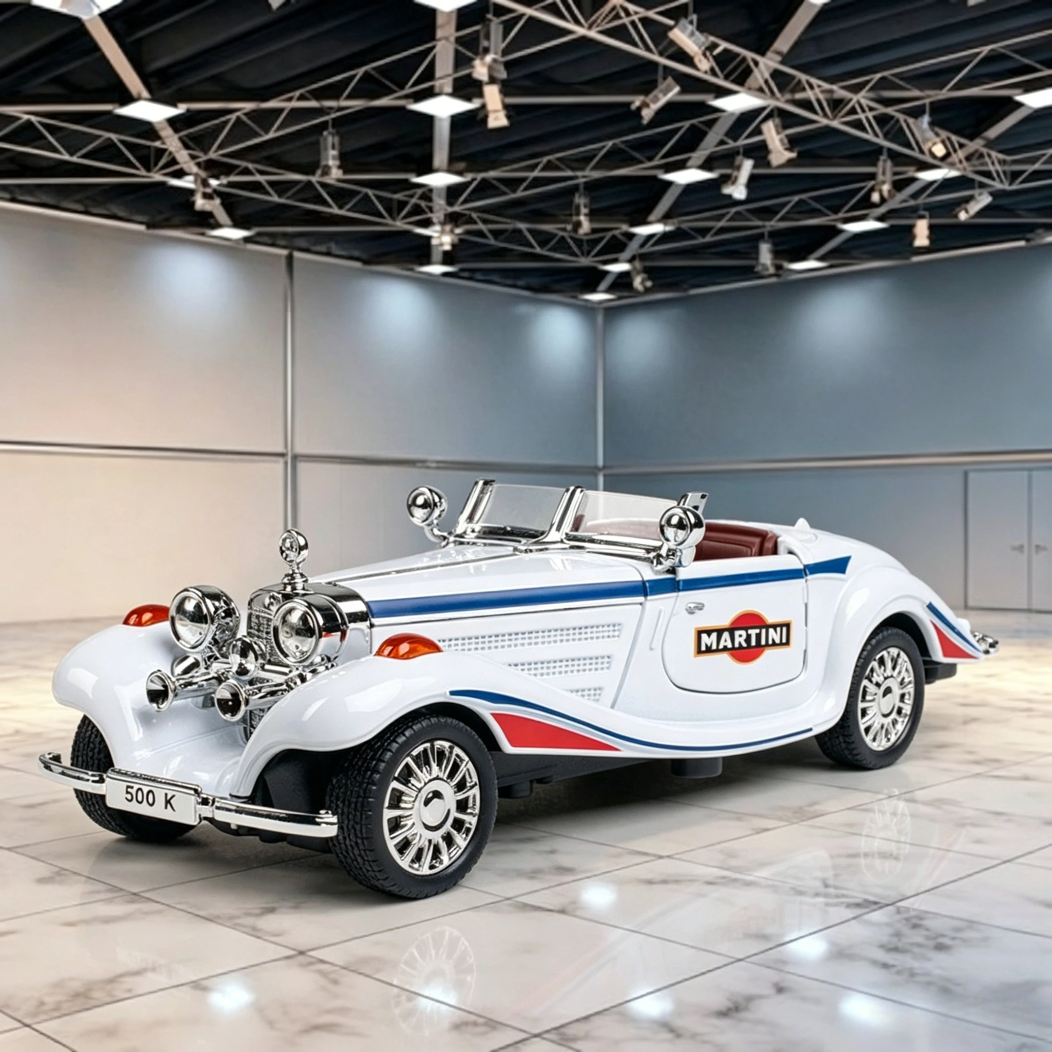 

1:32 500K Vintage Car Model Toys Metal Diecast Shock Absorption Doors Opened Sound Light Ornament Vehicles for Gift