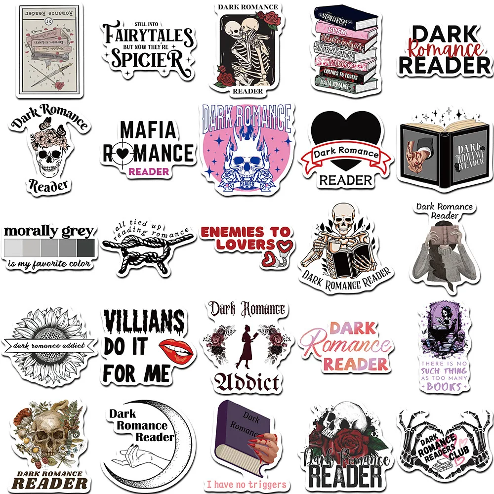 Cool Dark Romance Reader Skull Reading Stickers, Graffiti Stickers, Bagages, Skateboard, Notebook, Journal intime, Toy Decals, 10 Pcs, 50Pcs