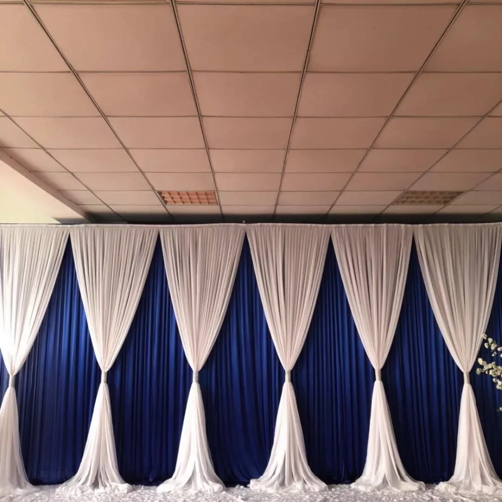 Free Shipping Customized Royal Blue Ice Silk Backdrop Wedding Decoration Curtain with Chiffon Valance Party Background