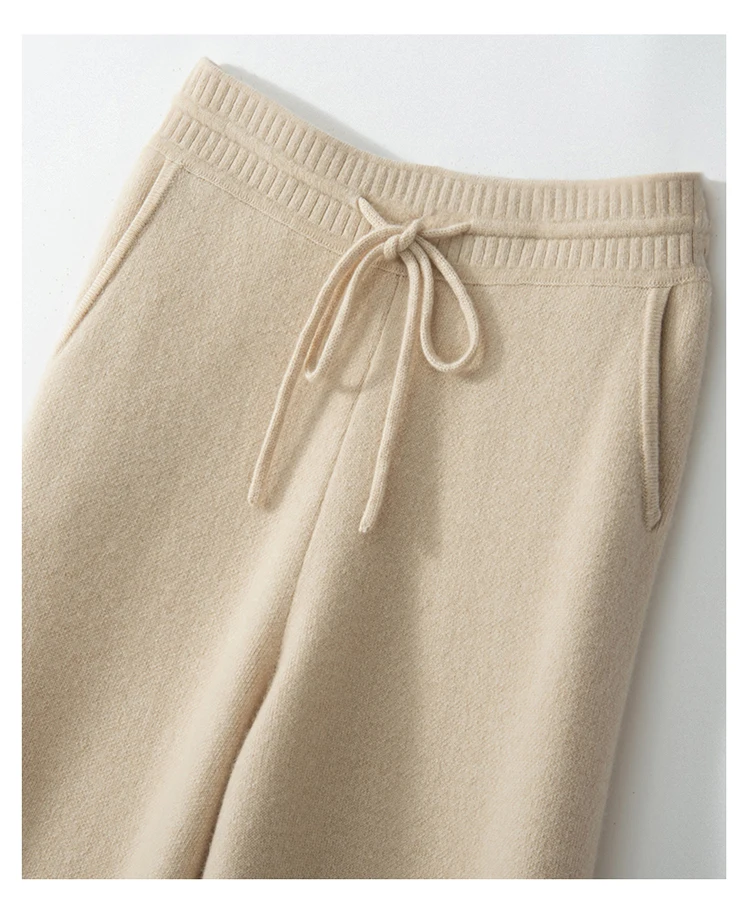 

MEETCC Autumn Winter Women's 100% Cashmere Wide Leg Pants Mid Waist Trousers Soft Cashmere Warm Pocket Casual Luxury Pants