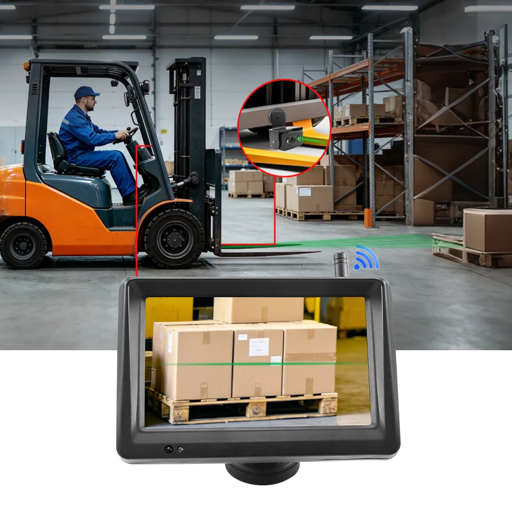 Carsanbo 5Inch Monitor System Solar Wireless Magnetic Forklift Camera 1080P Laser Guidance Loop Recording Function DC 9-38V
