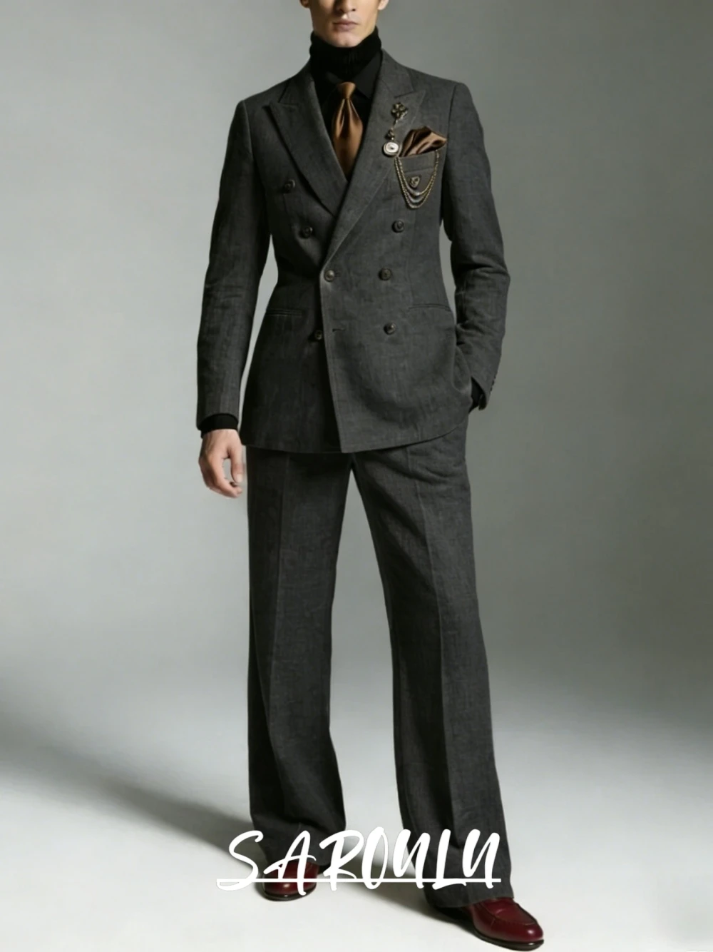 

Glamorous Retro Men's Camel Double Breasted Suit Linen Fabric Wide Leg Formal Gala Party Tuxedo Blazer Pants Set Customzied