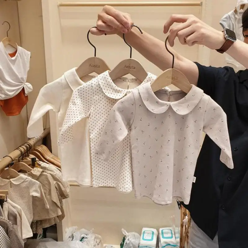 

2025 Autumn New Baby Lapel Long Sleeve T Shirts Cotton Infant Girl Cute Peter Pan Collar Bottoming Shirts Toddler Clothes