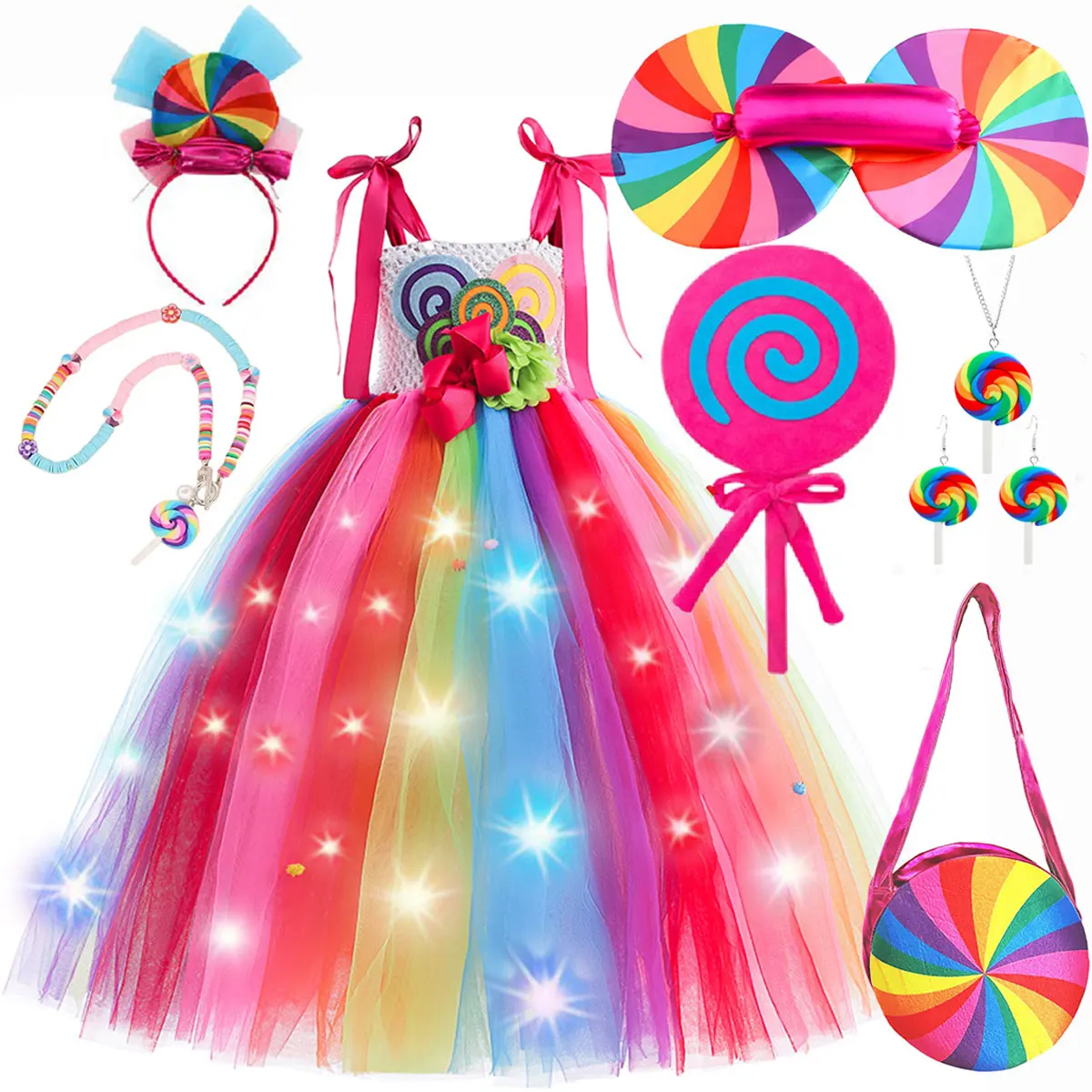 Halloween Carnival Costume Child Lollipop Apparel  Purim Kids Nice Tutu With Colored LED Puffy Candy Princess Ball Gown Dress