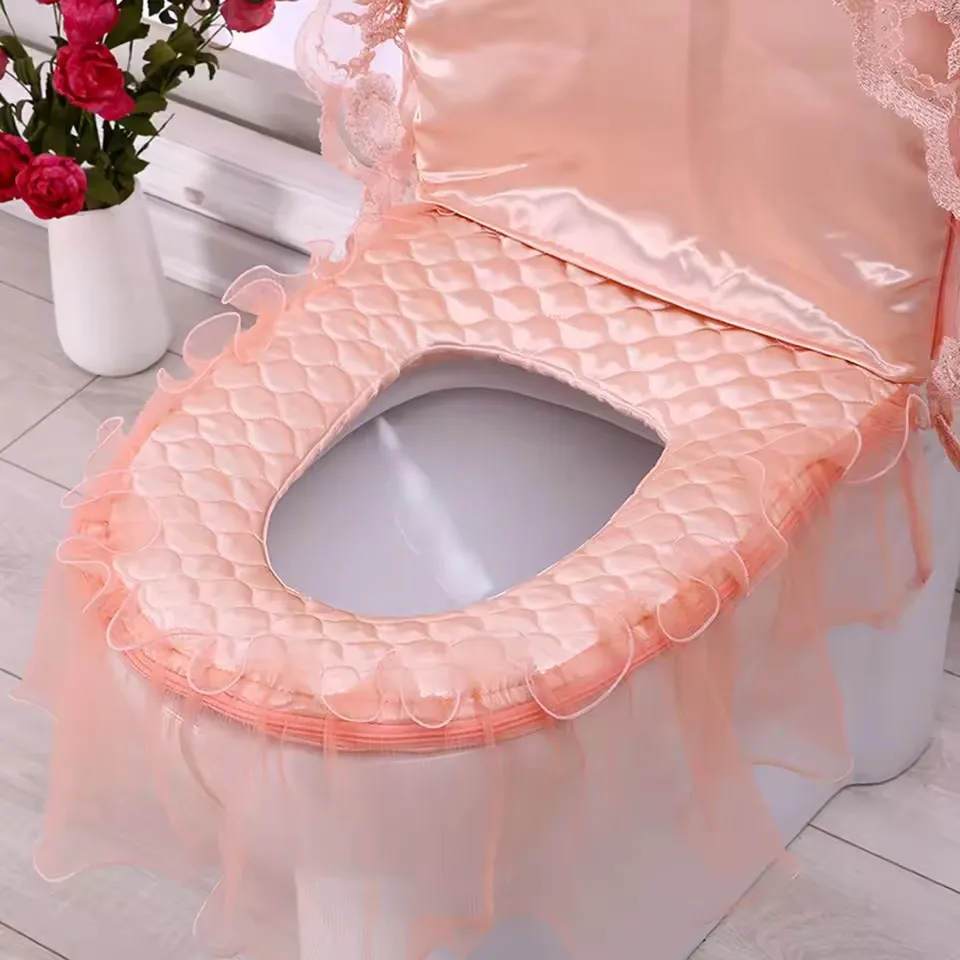 Thick Lace Coral Velvet Toilet Seat Cover Set Soft Warm Toilet Case Washable Bathroom WC Cover Mat Tapa Para Wc