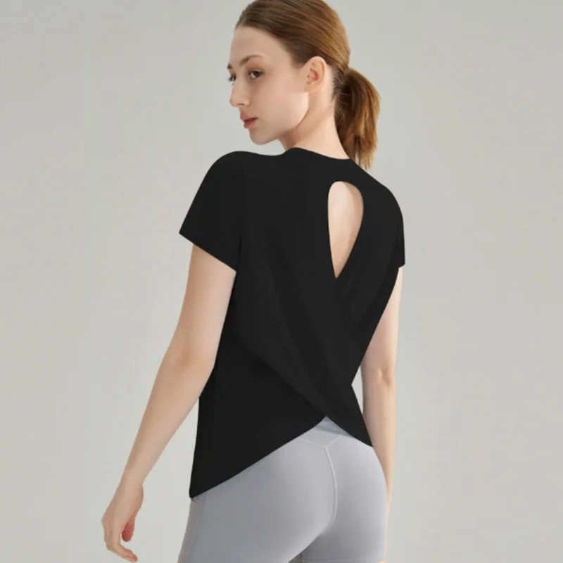 Bamboo Yarn Hollow Beautiful Back Sports T-shirt Yoga Clothes Tops Running Speed Drying Fitness Clothes Short-sleeved Shirt