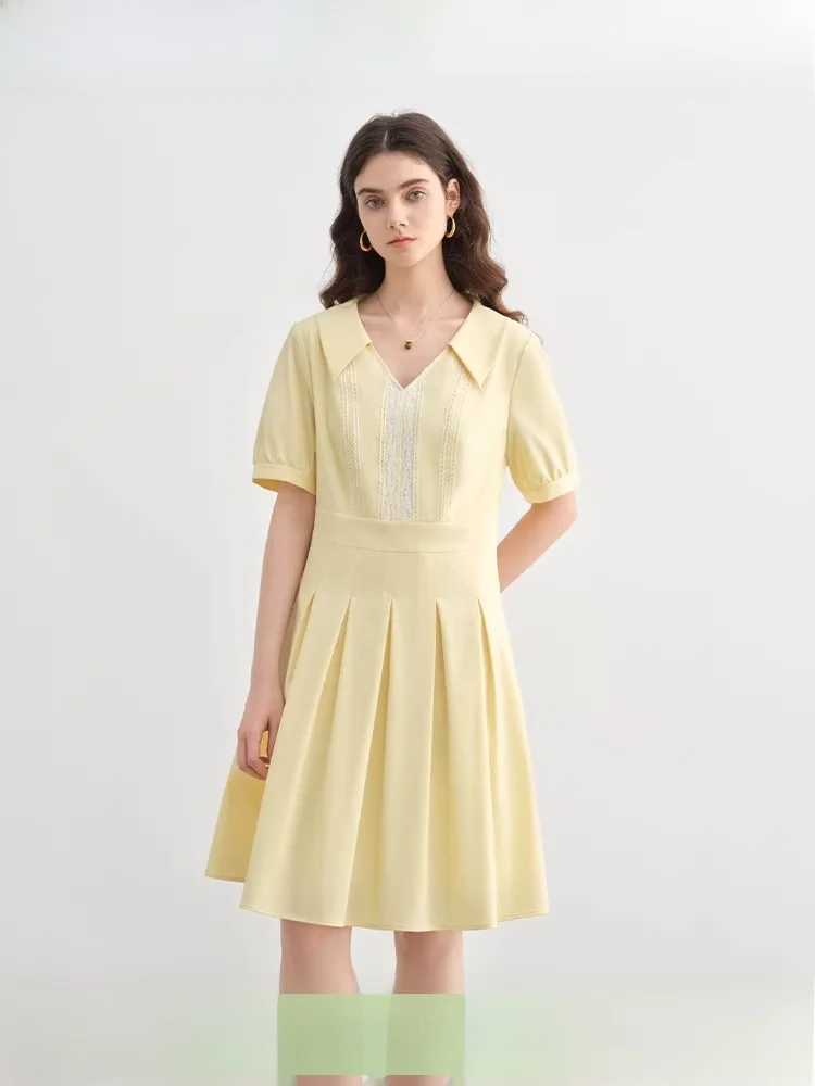 

Slimming Large Size Women's Dr Sweet Princ Sle High Waist Pleated ort Sve V-Ne Summer Casual Polyester Blend