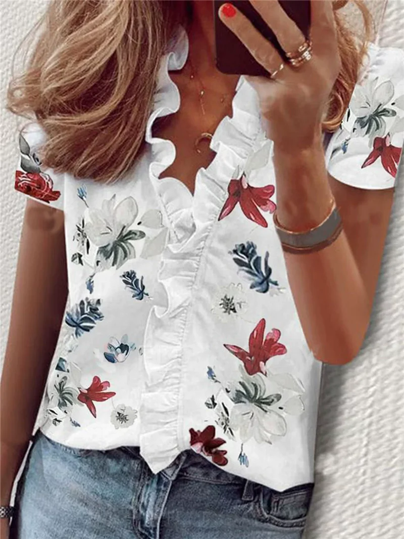 

Floral Pattern Women Casual Shirts Summer Short Sleeve Flower 3d Printed V-Neck Ladies Street Blouse 3XL Big Size Trend Shirt